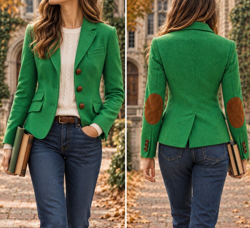 Rugby Ralph Lauren Green Wool Suede Arm Patches Equestrian Blazer Jacket Size 2